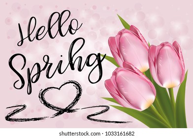 pink tulips on pink background with blurred circles gift card and hi spring inscription in black color and heart outline