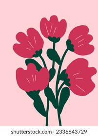 Pink tulips on pink background, vectors, patterns for web banner, branding package, fabric print, wallpaper, social media post, doodle, notes, covers, wall decor, templates