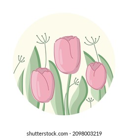 rosafarbene Tulpen auf beigem Hintergrund mit Grasblättern rund. Frühlings- oder Sommerdesign. Kann als Symbol oder Hintergrund für Instagram Highlights verwendet werden. Vektordesign.