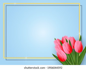 Tulipanes rosas sobre un fondo azul. Plantilla floral para postal, invitación, banner, afiche. Vector 3D realista.
