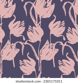 Pink tulips on dark blue background. Seamless vector pattern.