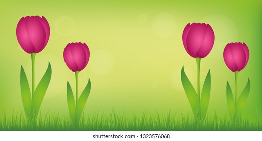 pink tulips on green meadow and green spring background vector illustration EPS10