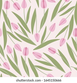 Pink tulips on a white background vector seamless pattern.