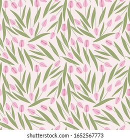 Pink tulips on a white background seamless pattern. Vector illustration.