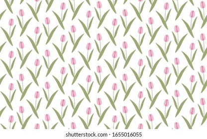 Pink tulips on a white background vector seamless pattern.