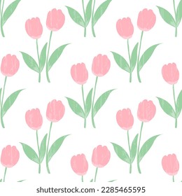 Pink tulips on a white background with old vintage texture. Cute vector floral pattern.