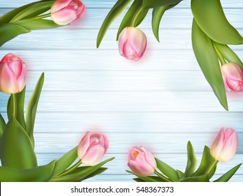 Pink tulips on white blue wooden background. EPS 10 vector file included