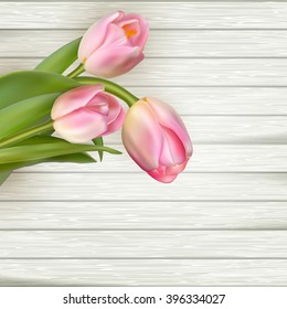 Pink tulips on white wooden background. EPS 10 vector file included