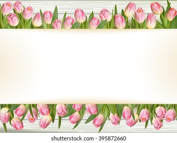 Pink tulips on wooden background with space for text. EPS 10 vector file included