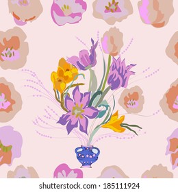 Pink tulips and orange crocuses, bouquet and single flowers. Pattern on a rosy background.