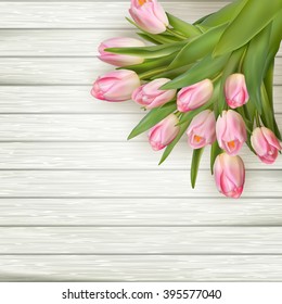 Pink tulips over white wood table. EPS 10 vector file included
