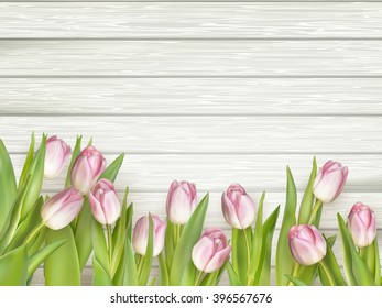 Pink tulips over white wood table. EPS 10 vector file included