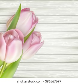 Pink tulips over white wood. EPS 10 vector file included