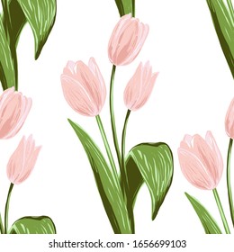 Pink tulips seamless. Floral pattern background print with blossom vector flowers. Simple repeatable abstract illustration. Vintage graphic design.