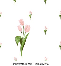 Pink tulips seamless. Floral pattern background print with blossom vector flowers. Simple repeatable abstract illustration. Vintage graphic design.