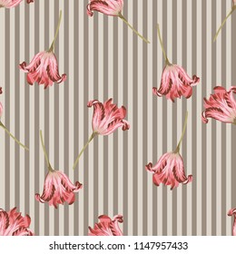 Pink tulips seamless pattern on a pale striped background