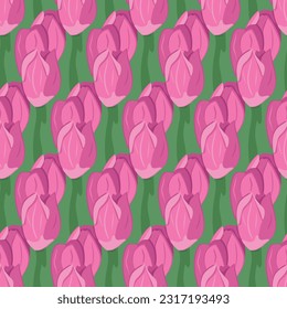 Pink tulips seamless pattern on green background. Flat vector head of flowers on green background. Suitable for wrapping paper, background, wallpaper, textile, banner, scrapbooking, decoration