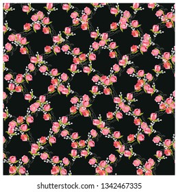 Pink tulips seamless pattern of rhombuses. Geometric dark background floral ornament style illustration. Sketch wrapping paper, texture, background vector fill. Vector illustration.