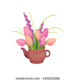 Pink tulips stand in the teapot. Vector image on white background.