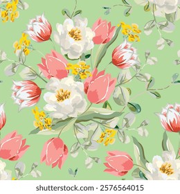 Pink tulips, white peonies, yellow flowers, leaves, green background. Vector floral illustration. Seamless pattern. Spring bouquets. Botanical design