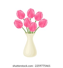 Pink tulips in white vase isolated. Vector illustration of beautiful spring flowers in cartoon style.