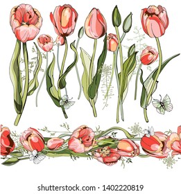 Pink tulips and wildflowers for a festive wreath, bouquet.Isolated, white background. A collection of beautiful spring flowers for a wedding. Decoration of textiles, postcards. March 8, St. Valentine.