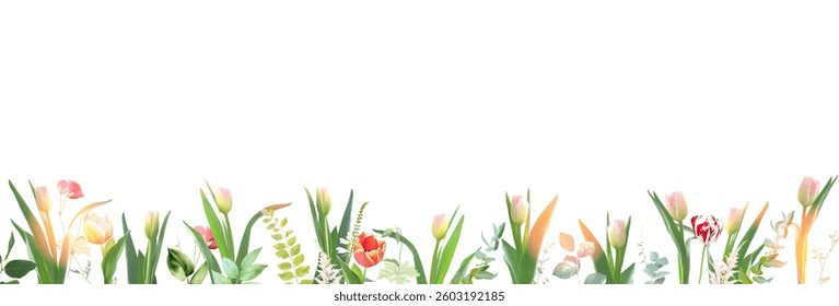 Pink tulips and wildflowers vector design frame. Hand painted branches, flowers, leaves on white background. Greenery wedding invitation. Watercolor style card. Elements are isolated and editable