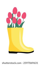 Pink tulips in a yellow rubber boot. Spring composition