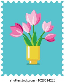 Pink tulips in the yellow vase. Candy colors vector flat icon.