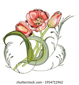 Pink tulips.Naturalistic graphic drawing.Stylization for watercolors.Black outline, silhouette. For decorating interior items, fabrics and printing.Elements for postcards and banners. For the holiday