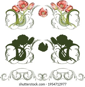 Pink tulips.Naturalistic graphic drawing.Stylization for watercolors.Black outline, silhouette. For decorating interior items, fabrics and printing.Elements for postcards and banners. For the holiday