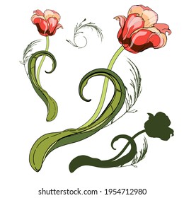 Pink tulips.Naturalistic graphic drawing.Stylization for watercolors.Black outline, silhouette. For decorating interior items, fabrics and printing.Elements for postcards and banners. For the holiday