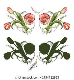 Pink tulips.Naturalistic graphic drawing.Stylization for watercolors.Black outline, silhouette. For decorating interior items, fabrics and printing.Elements for postcards and banners. For the holiday