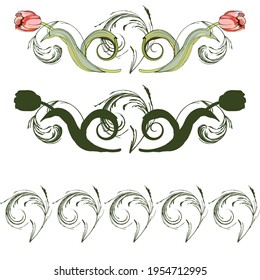 Pink tulips.Naturalistic graphic drawing.Stylization for watercolors.Black outline, silhouette. For decorating interior items, fabrics and printing.Elements for postcards and banners. For the holiday