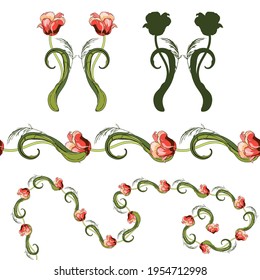 Pink tulips.Naturalistic graphic drawing.Stylization for watercolors.Black outline, silhouette. For decorating interior items, fabrics and printing.Elements for postcards and banners. For the holiday