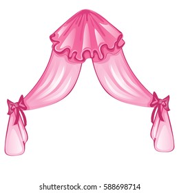 Pink tulle curtains with bows isolated on a white background. Cartoon vector close-up illustration.
