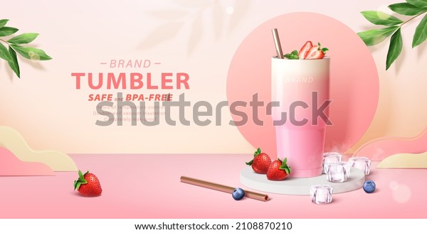 Pink tumbler banner ad.\
3D Illustration of a gradient tumbler bottle loaded with strawberry\
shake displayed on podium, with berries, ice cubes and stainless\
straw around