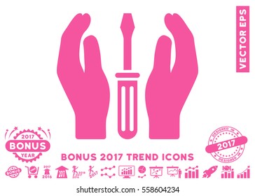 Pink Tuning Screwdriver Care Hands pictogram with bonus 2017 trend icon set. Vector illustration style is flat iconic symbols, white background.