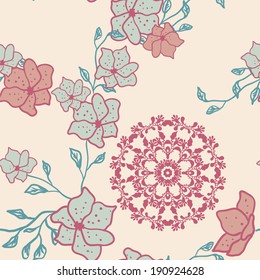 Pink and turquoise floral pattern with round mandala ornament and jasmine flower. Vector illustration.