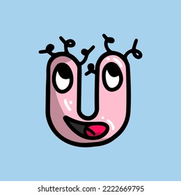 pink turquoise funny letter U  in the form of a monster with a face and tongue, cheerful playful and surprised, with shadow and highlights, doodle