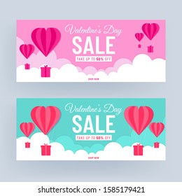 Pink and Turquoise Header or Banner Design with 50% Discount Offer and Paper Cut Heart Shaped Hot Air Balloons on Cloudy Background for Valentine's Day Sale.