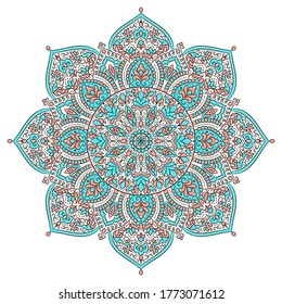Pink and turquoise mandala pattern on a white background. Vector ornament elements. Traditional Turkish, Indian motifs. Great for fabric and textile, wallpaper, packaging or any desired idea.