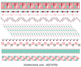 Pink and turquoise vector border or trim collection over white background