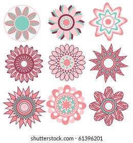 Pink and turquoise vector floral ornament collection over white background