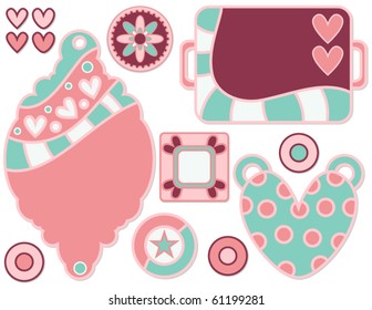 Pink and turquoise vector tags and hearts collection