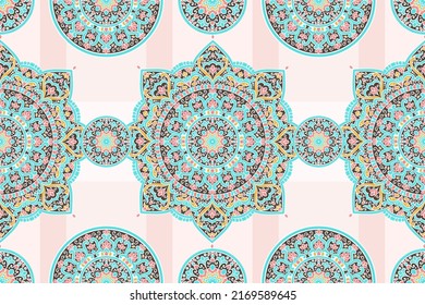 Color rosa, turquesa y amarillo sin soldadura con adorno de mandala. Motivos tradicionales árabes e indios. Ideal para tejidos y textiles, papel pintado, embalaje o cualquier idea deseada.