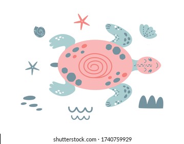 Pink turtle. Cute baby ocean animal. Girl summer sea element girls nautical print. Cute pink turtle. Summer baby shower, kids birthday party designs character. Cartoon turtle. Vector Illustration.