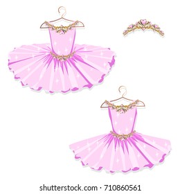 Pink Tutu On The Hanger. Vector Illustration. Set.