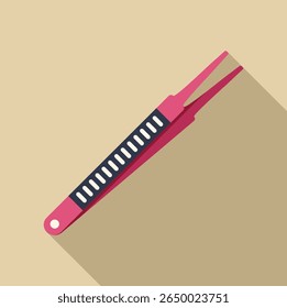 Pink tweezers lying on a light brown background, casting a long shadow, in flat design style