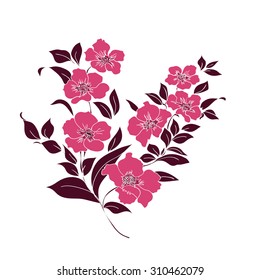 Pink twig sakura blossoms. Vector illustration. Color Silhouette
